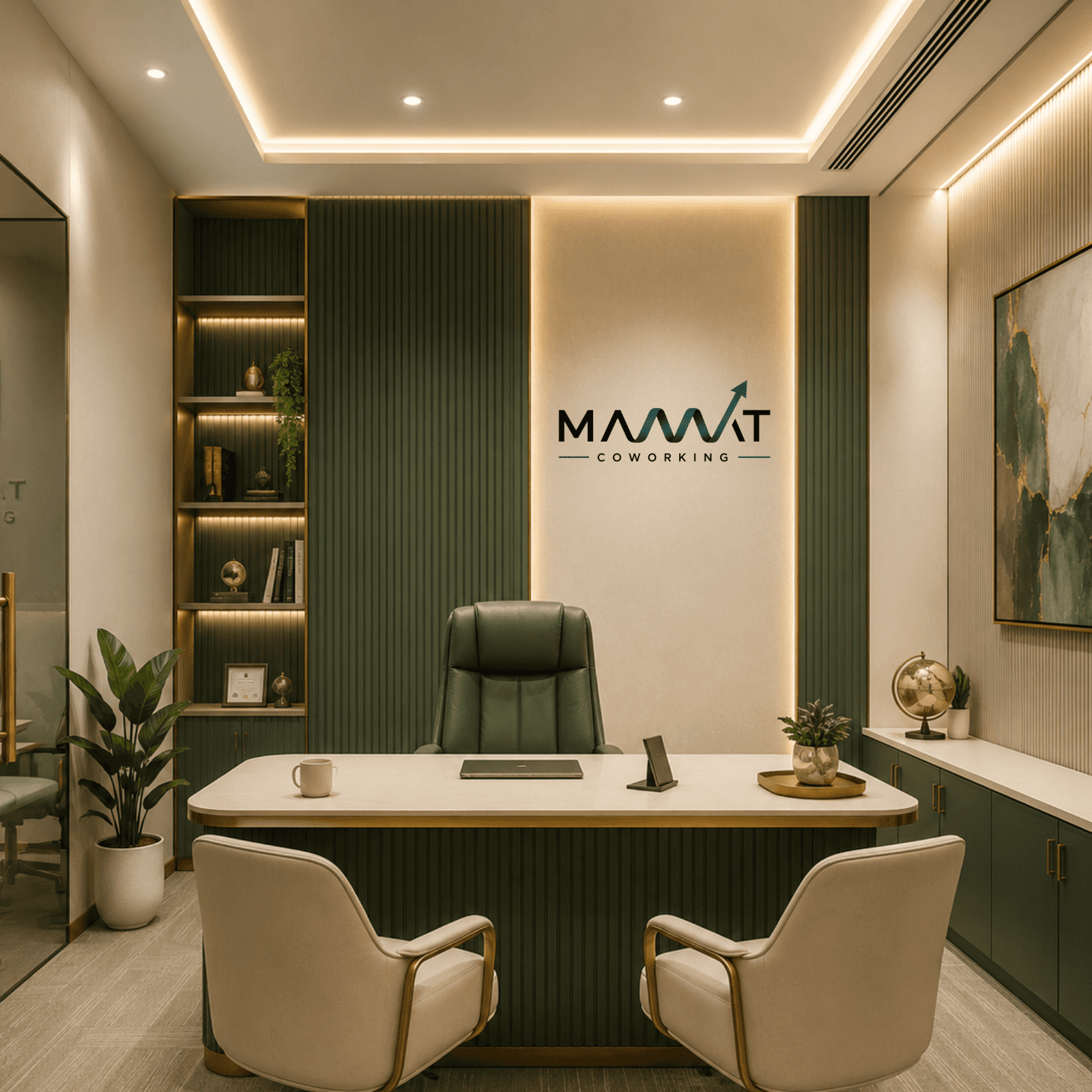 Modern private office interior with desk seating and city views